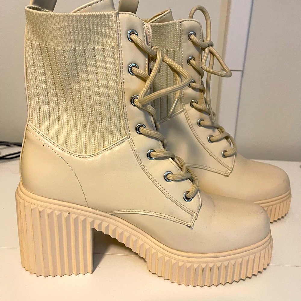 Cream wedge boots